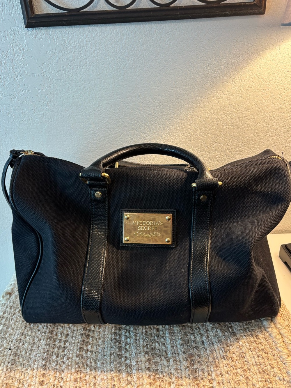 Victoria's Secret Black Canvas Duffel with Gold Plaque